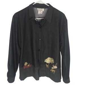 VTg Samantha Edwards Shirt Womens Large Embroidered Deer Trees Cabin Button Up